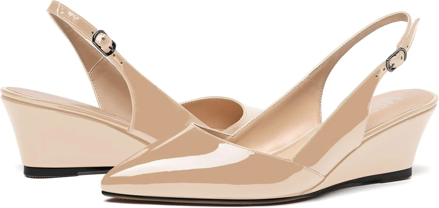 MERRORI Women's Patent Office Solid Slingback Casual Pointed Toe Buckle Wedge Low Heel Pumps Shoes 2 Inch
