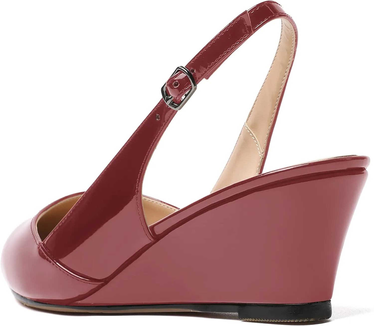 MERRORI Women's Patent Office Solid Slingback Casual Pointed Toe Buckle Wedge Low Heel Pumps Shoes 2 Inch
