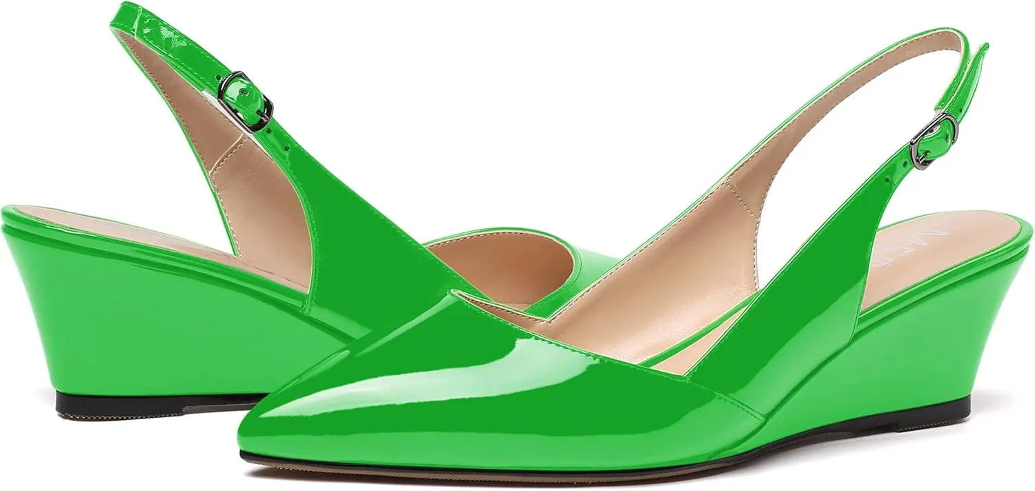 MERRORI Women's Patent Office Solid Slingback Casual Pointed Toe Buckle Wedge Low Heel Pumps Shoes 2 Inch