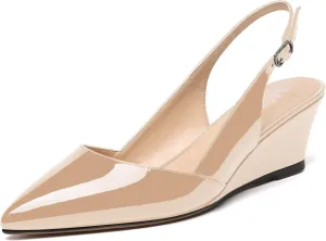 MERRORI Women's Patent Office Solid Slingback Casual Pointed Toe Buckle Wedge Low Heel Pumps Shoes 2 Inch