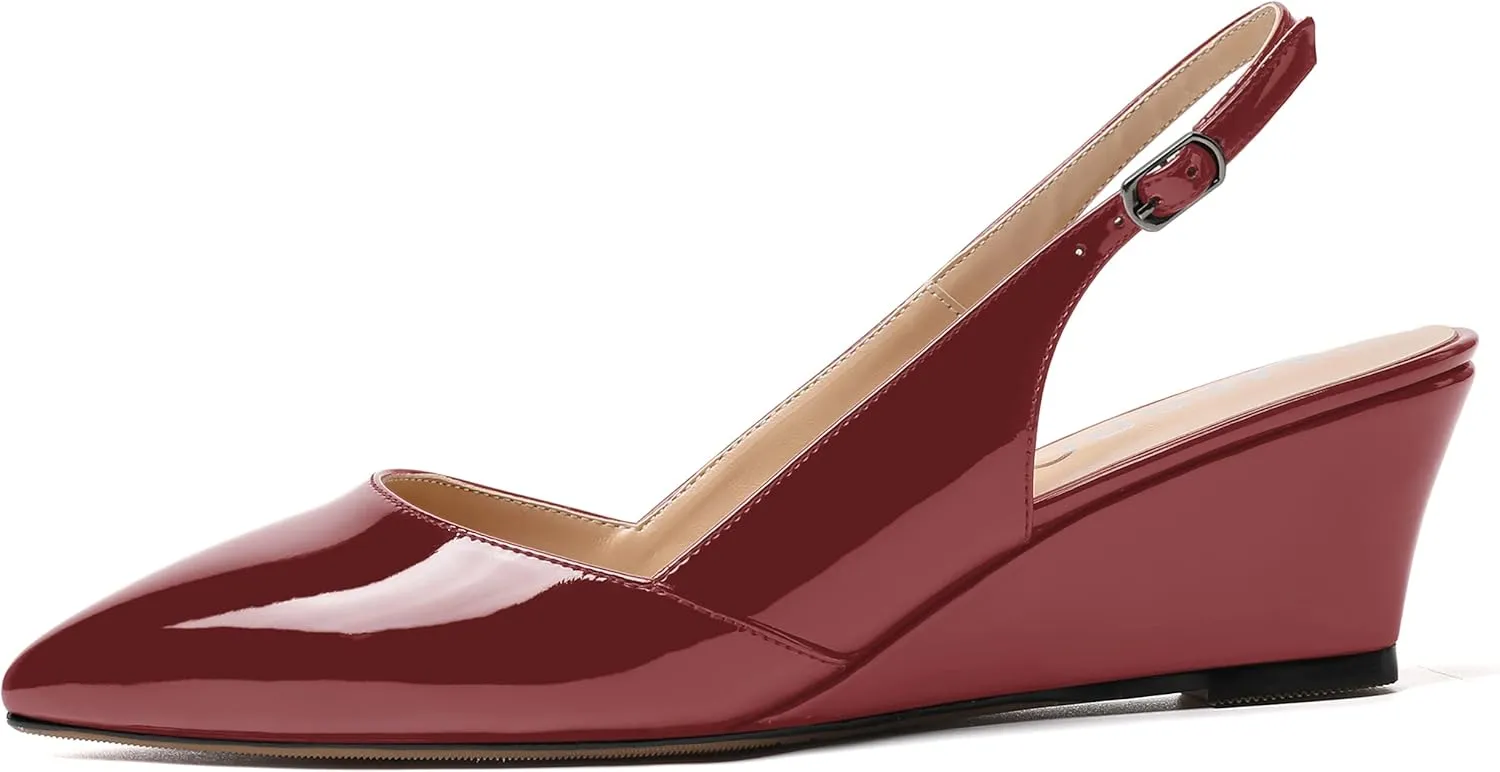 MERRORI Women's Patent Office Solid Slingback Casual Pointed Toe Buckle Wedge Low Heel Pumps Shoes 2 Inch