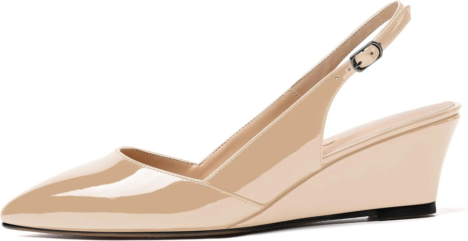 MERRORI Women's Patent Office Solid Slingback Casual Pointed Toe Buckle Wedge Low Heel Pumps Shoes 2 Inch