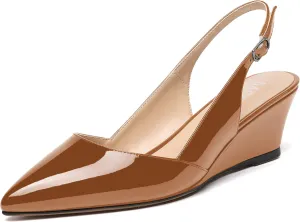 MERRORI Women's Patent Office Solid Slingback Casual Pointed Toe Buckle Wedge Low Heel Pumps Shoes 2 Inch