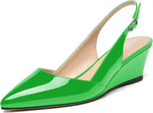 MERRORI Women's Patent Office Solid Slingback Casual Pointed Toe Buckle Wedge Low Heel Pumps Shoes 2 Inch