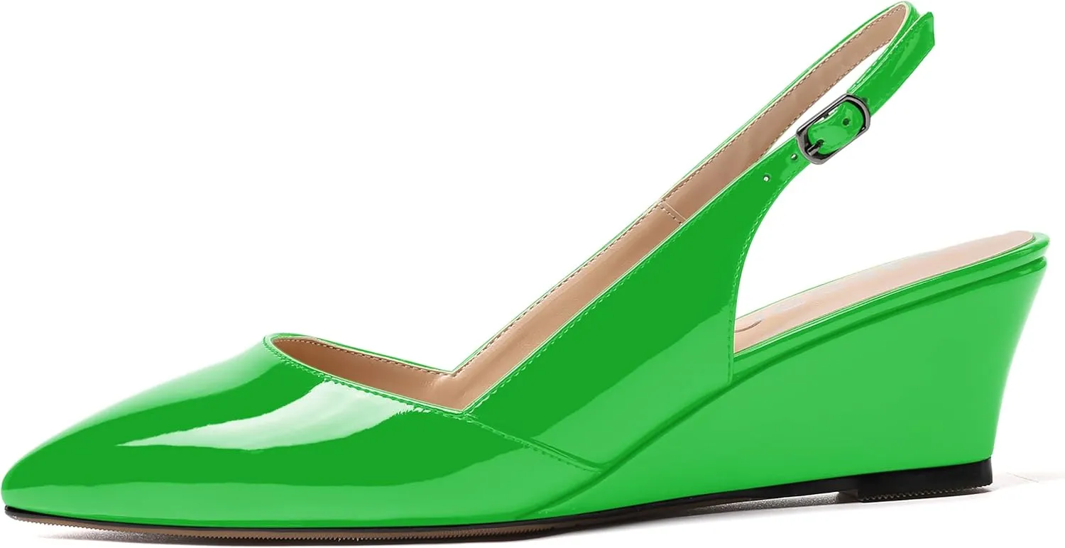 MERRORI Women's Patent Office Solid Slingback Casual Pointed Toe Buckle Wedge Low Heel Pumps Shoes 2 Inch