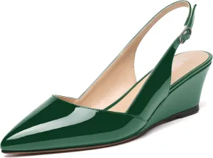 MERRORI Women's Patent Office Solid Slingback Casual Pointed Toe Buckle Wedge Low Heel Pumps Shoes 2 Inch