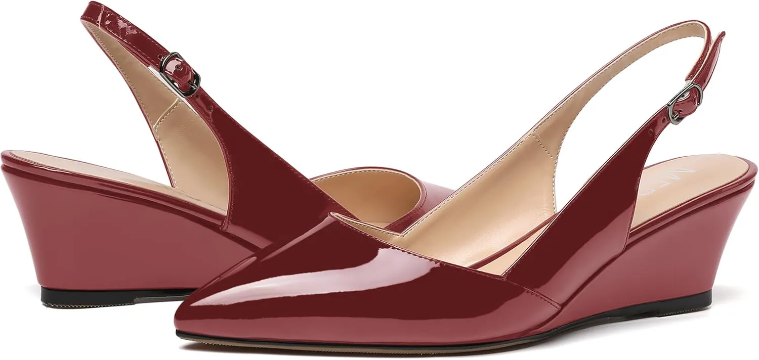 MERRORI Women's Patent Office Solid Slingback Casual Pointed Toe Buckle Wedge Low Heel Pumps Shoes 2 Inch