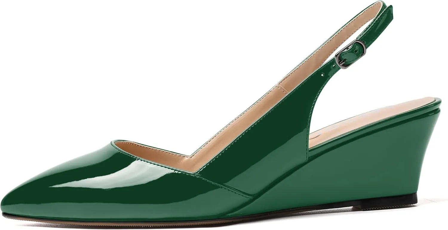 MERRORI Women's Patent Office Solid Slingback Casual Pointed Toe Buckle Wedge Low Heel Pumps Shoes 2 Inch