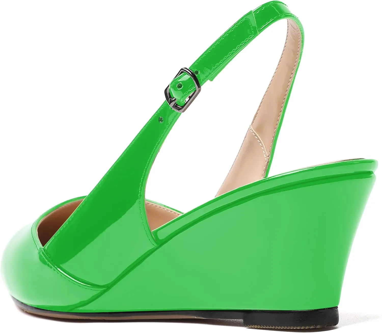 MERRORI Women's Patent Office Solid Slingback Casual Pointed Toe Buckle Wedge Low Heel Pumps Shoes 2 Inch