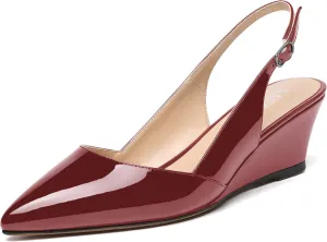 MERRORI Women's Patent Office Solid Slingback Casual Pointed Toe Buckle Wedge Low Heel Pumps Shoes 2 Inch