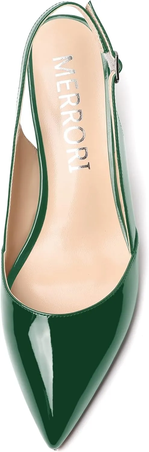 MERRORI Women's Patent Office Solid Slingback Casual Pointed Toe Buckle Wedge Low Heel Pumps Shoes 2 Inch