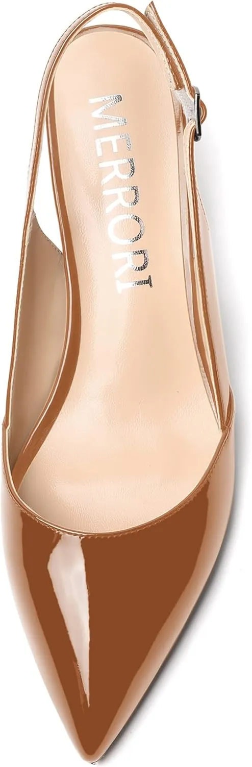 MERRORI Women's Patent Office Solid Slingback Casual Pointed Toe Buckle Wedge Low Heel Pumps Shoes 2 Inch