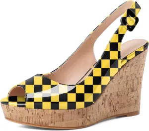 Mettesally Womens Slingback Heels High Wedge Platform Sandals Peep Round Toe 3.9 Inch Cork Sole Pumps Elegant Summer Office Dress Shoes