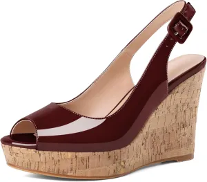 Mettesally Womens Slingback Heels High Wedge Platform Sandals Peep Round Toe 3.9 Inch Cork Sole Pumps Elegant Summer Office Dress Shoes