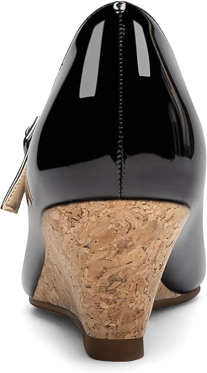 Mettesally Women's Wedge Pumps Pointed Toe Ankle Strap Mid Heel Comfortable Dress Shoes
