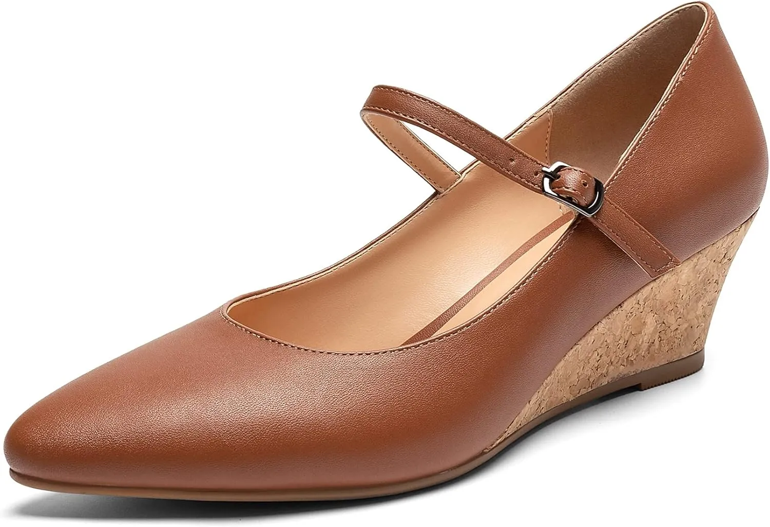 Mettesally Women's Wedge Pumps Pointed Toe Ankle Strap Mid Heel Comfortable Dress Shoes