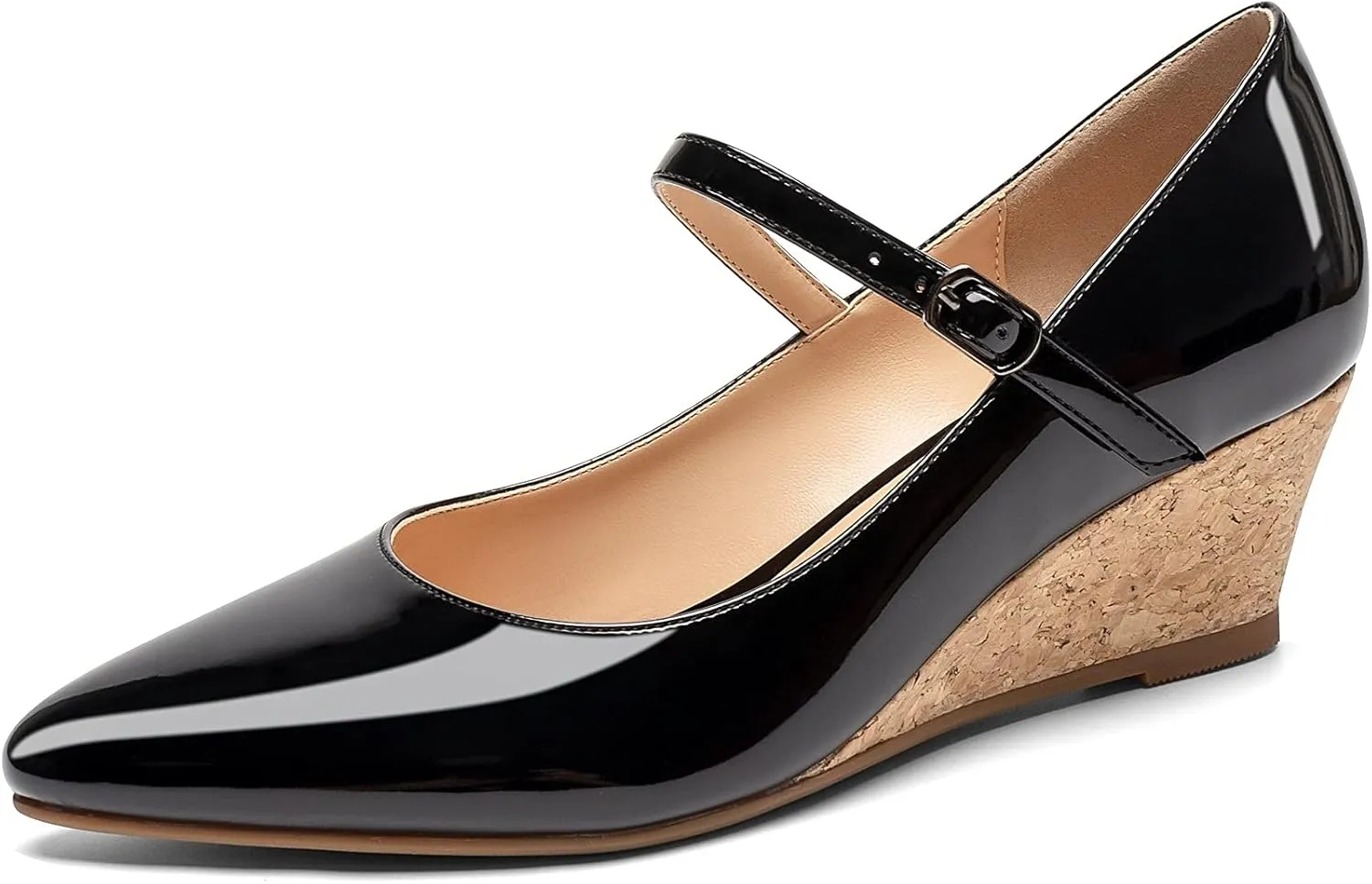 Mettesally Women's Wedge Pumps Pointed Toe Ankle Strap Mid Heel Comfortable Dress Shoes