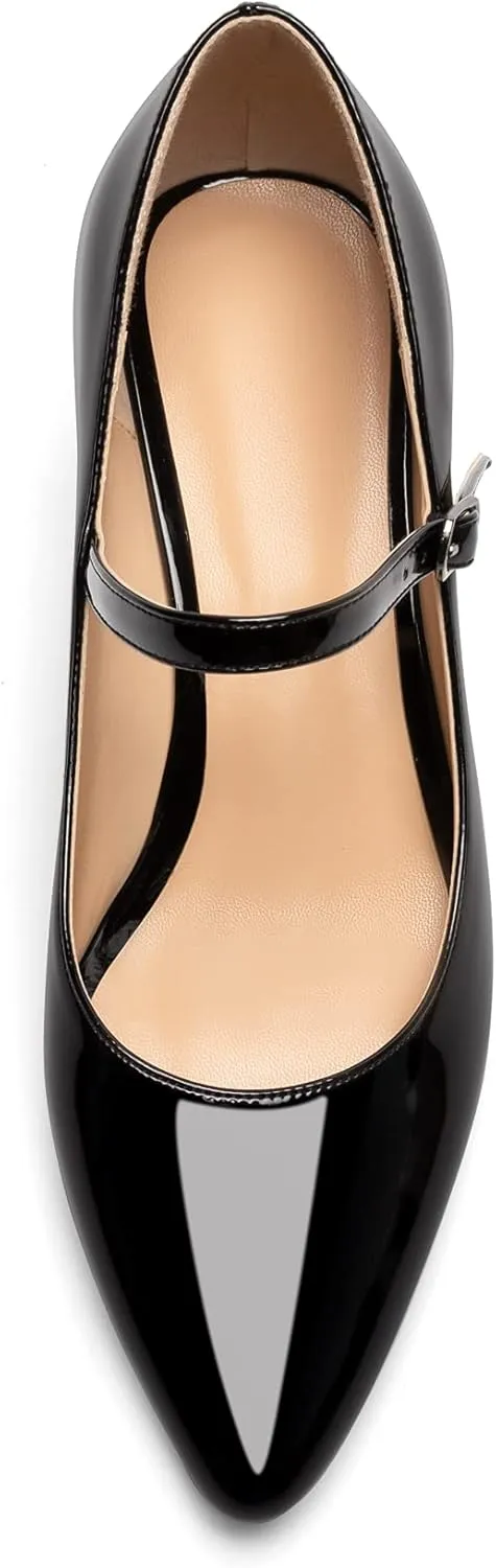 Mettesally Women's Wedge Pumps Pointed Toe Ankle Strap Mid Heel Comfortable Dress Shoes