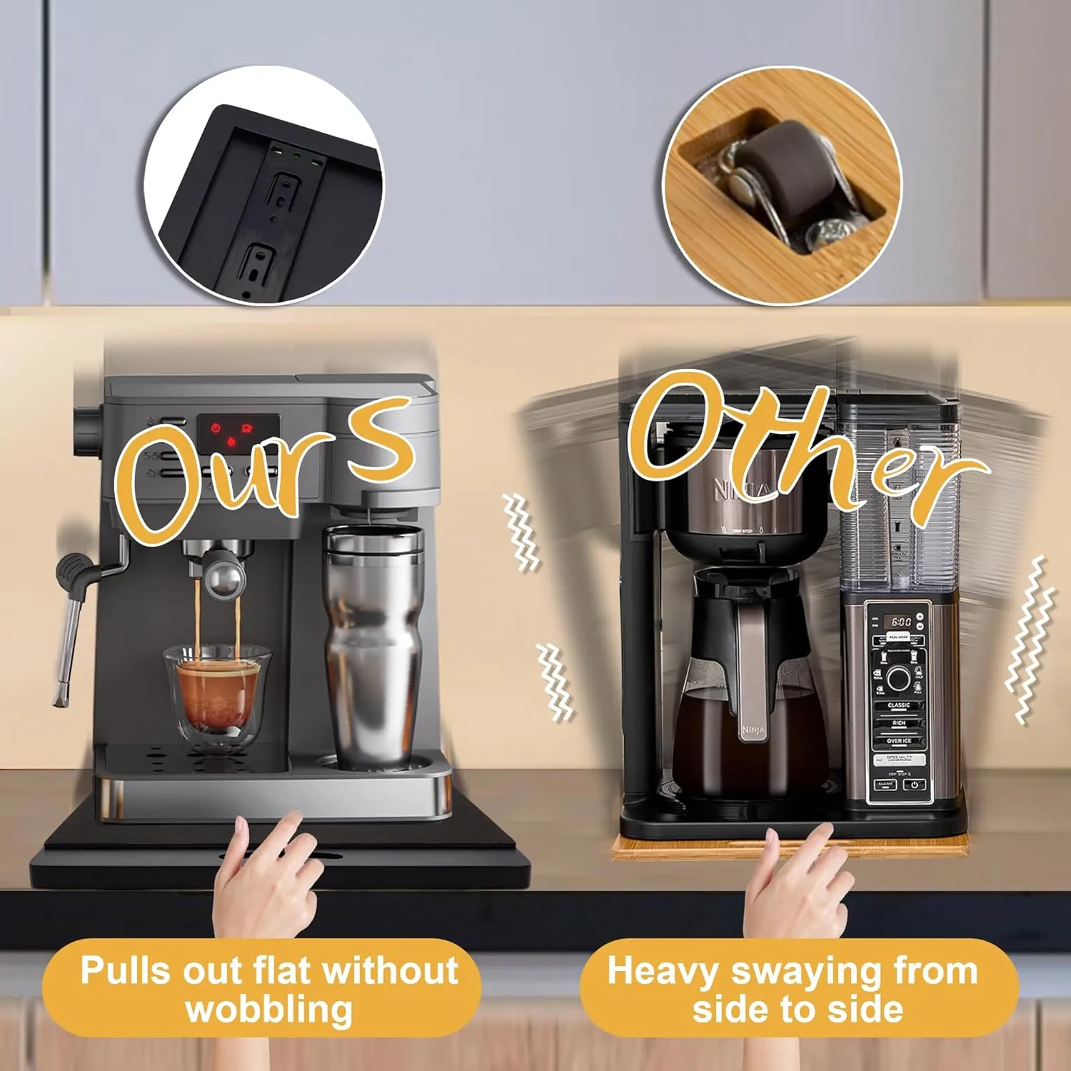 MinBoo Bamboo Appliance Slider,Sliding Tray for Coffee Maker, Kitchen Countertop Appliance Rolling Tray,Slides Easily from under the Cabinet,Wide -Black- Large (16"Wx13"D)