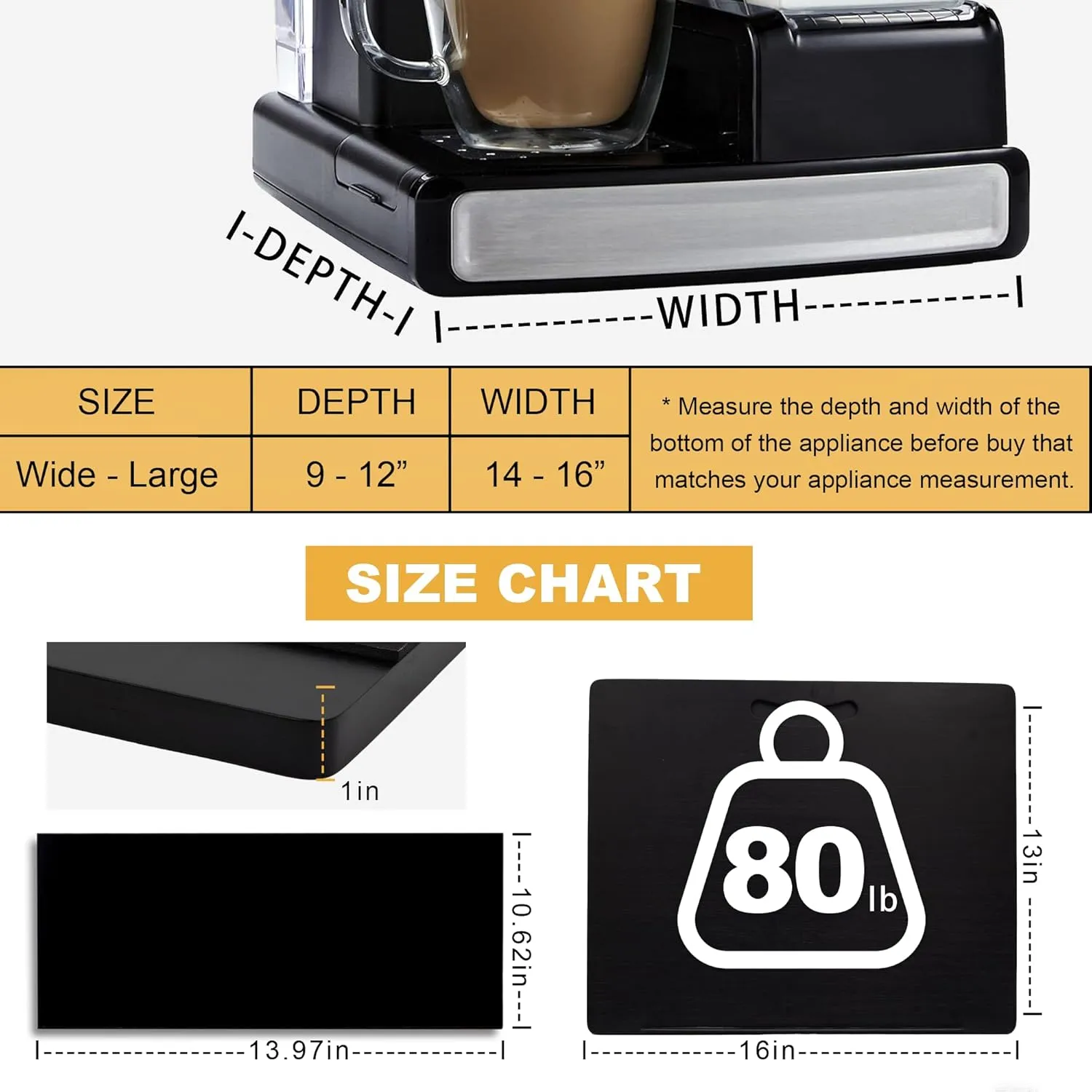 MinBoo Bamboo Appliance Slider,Sliding Tray for Coffee Maker, Kitchen Countertop Appliance Rolling Tray,Slides Easily from under the Cabinet,Wide -Black- Large (16"Wx13"D)
