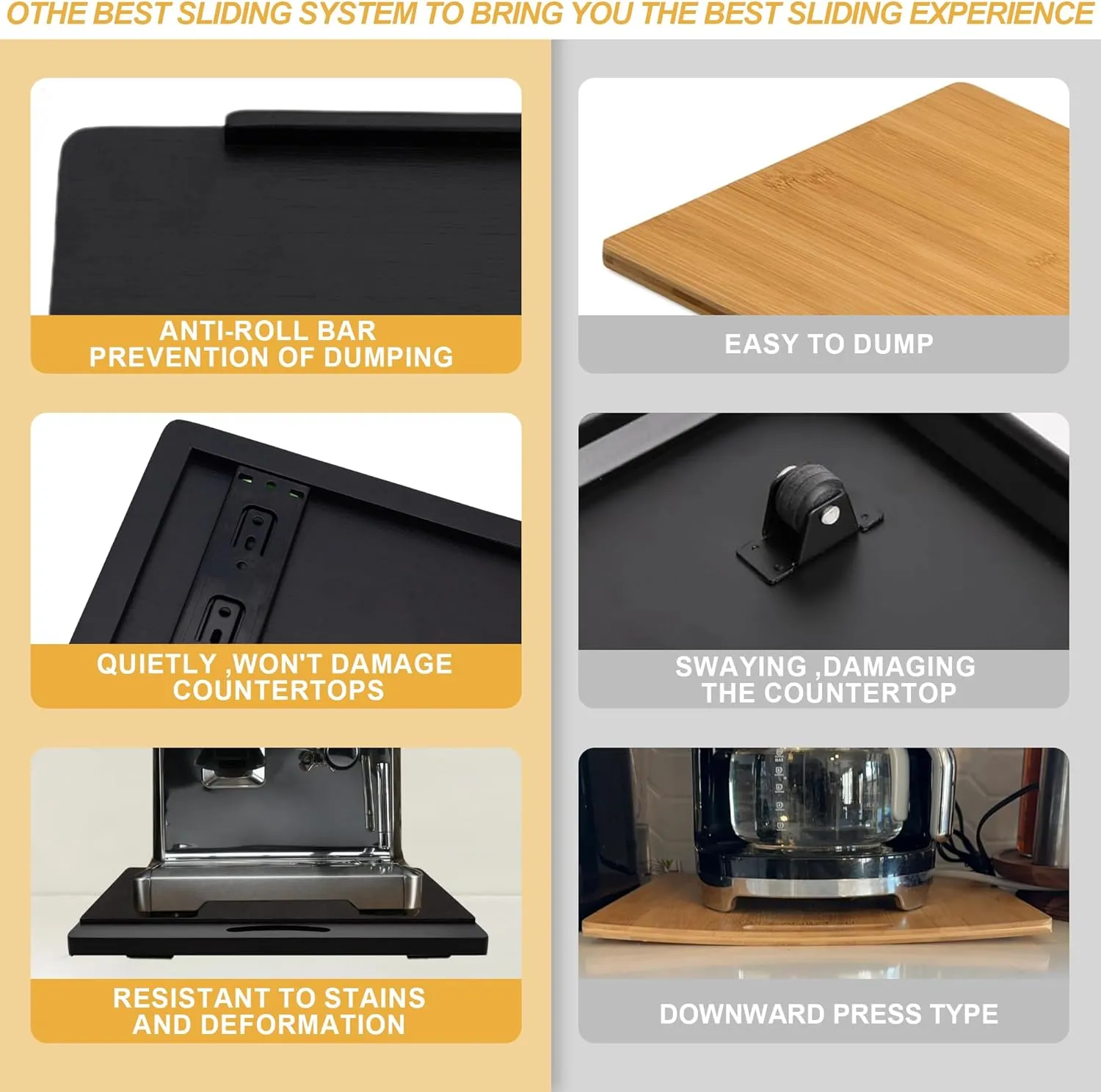 MinBoo Bamboo Appliance Slider,Sliding Tray for Coffee Maker, Kitchen Countertop Appliance Rolling Tray,Slides Easily from under the Cabinet,Wide -Black- Large (16"Wx13"D)