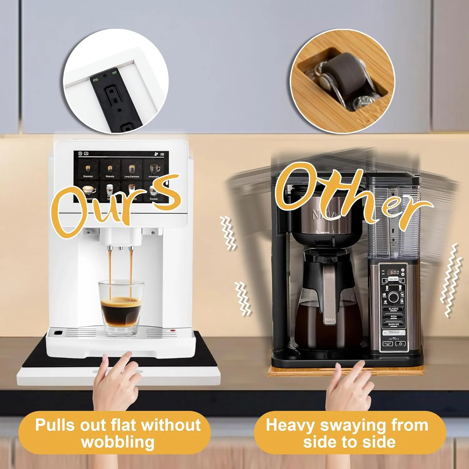 MinBoo Bamboo Appliance Slider,Sliding Tray for Coffee Maker, Kitchen Countertop Appliance Rolling Tray,Slides Easily from Under The Cabinet,Wide -White- Large (16" Wx13 D)