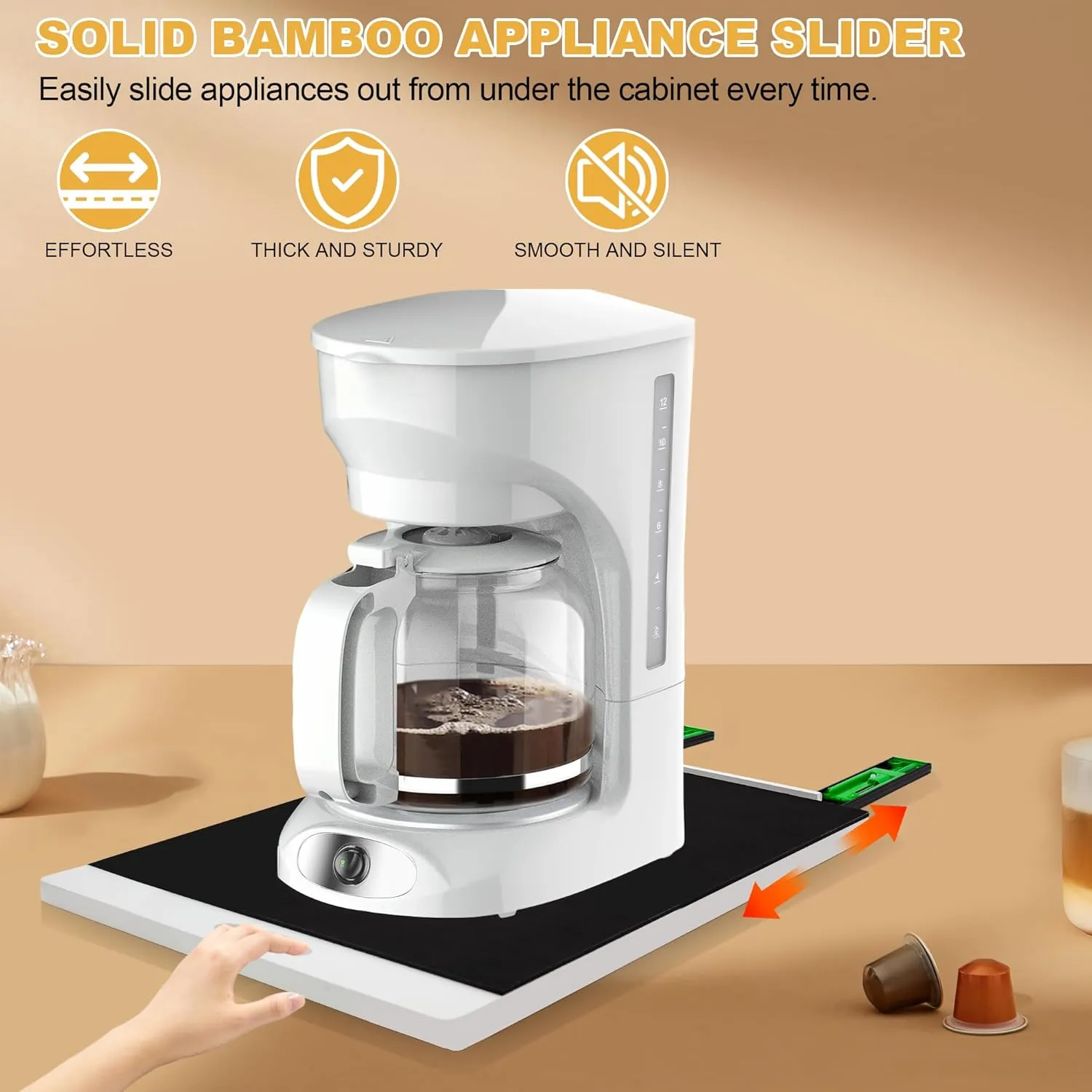 MinBoo Bamboo Appliance Slider,Sliding Tray for Coffee Maker, Kitchen Countertop Appliance Rolling Tray,Slides Easily from Under The Cabinet,Wide -White- Large (16" Wx13 D)