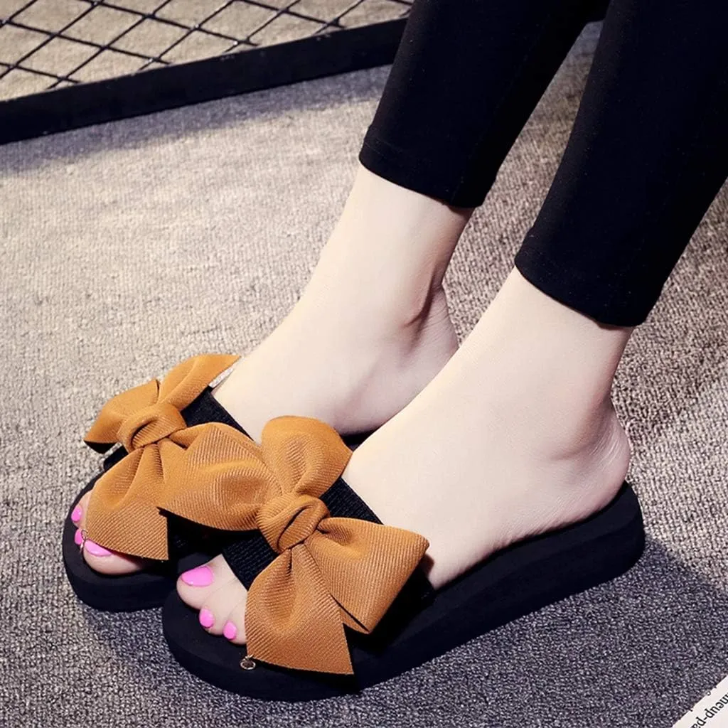 MIOKE Women's Bowtie Wedge Slide Sandals Fashion High Heel Platform Comfort Anti-Slip Summer Beach Sandal