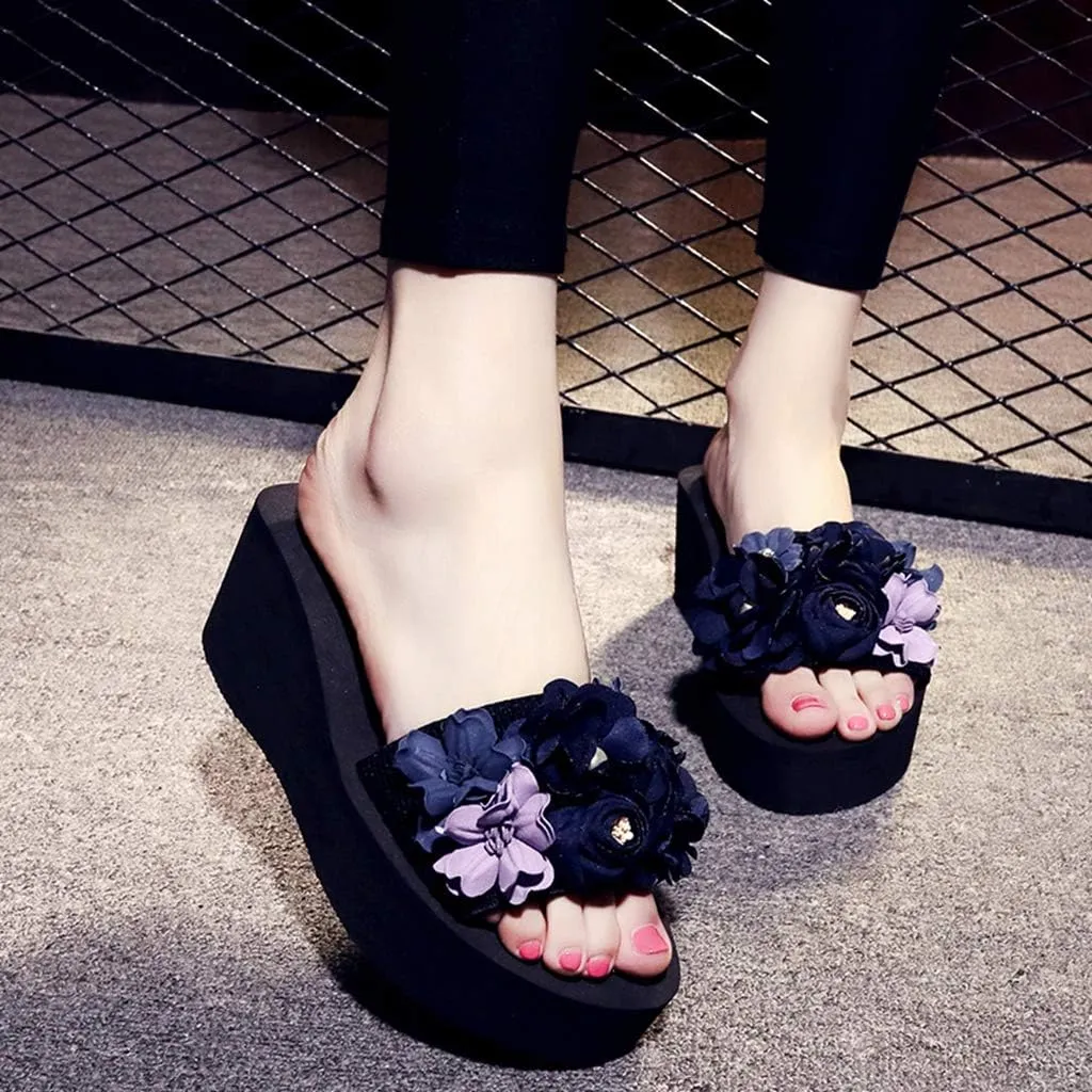 MIOKE Women's Flowers Wedge Slide Sandals Bohemia Fashion Platform Anti-Slip Comfort Summer Beach Sandals