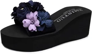 MIOKE Women's Flowers Wedge Slide Sandals Bohemia Fashion Platform Anti-Slip Comfort Summer Beach Sandals