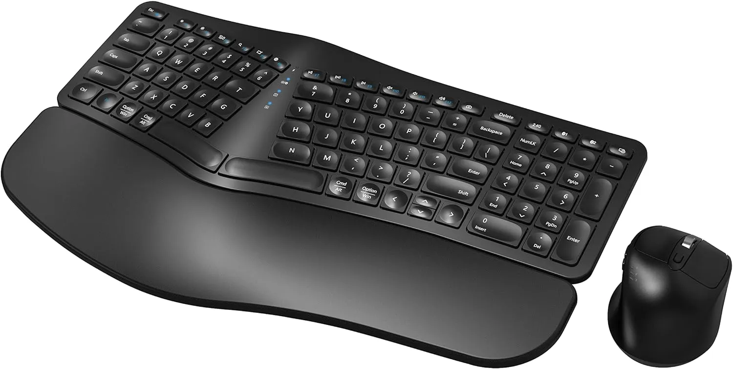 MK960 Ergonomic Wireless Keyboard Mouse Combo, Bluetooth/2.4G Split Design Keyboard with Palm Rest and 4 Level DPI Adjustable Wireless Mouse Multi-Device, Rechargeable, for Windows/Mac/Android