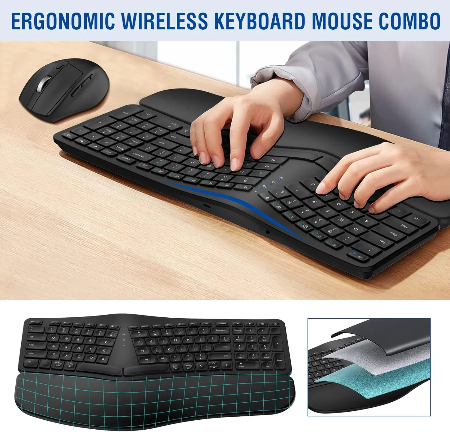 MK960 Ergonomic Wireless Keyboard Mouse Combo, Bluetooth/2.4G Split Design Keyboard with Palm Rest and 4 Level DPI Adjustable Wireless Mouse Multi-Device, Rechargeable, for Windows/Mac/Android