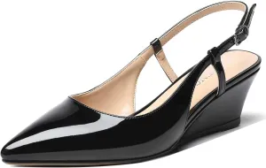 MODENCOCO Women's Dating Buckle Slingback Pointed Toe Patent Casual Wedge Low Heel Pumps Shoes 2 Inch