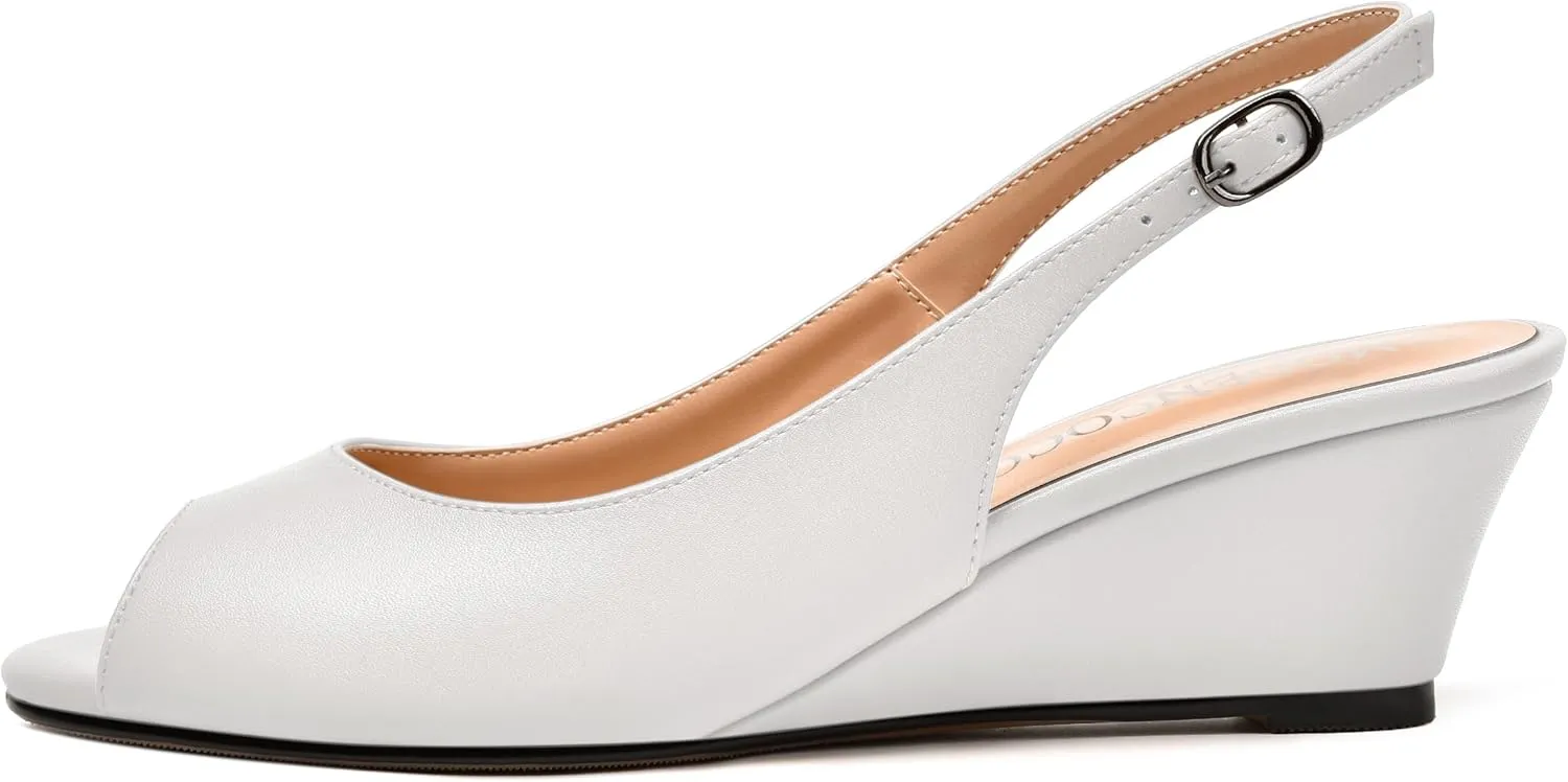 MODENCOCO Womens Slingback Comfortable Buckle Bridal Matte Dress Peep Toe Wedge Low Heel Pumps Shoes 2 Inch