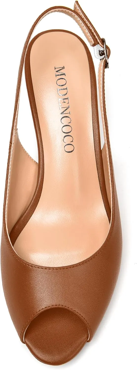 MODENCOCO Womens Slingback Comfortable Buckle Bridal Matte Dress Peep Toe Wedge Low Heel Pumps Shoes 2 Inch