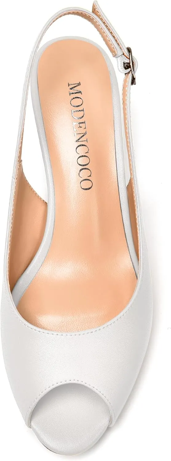 MODENCOCO Womens Slingback Comfortable Buckle Bridal Matte Dress Peep Toe Wedge Low Heel Pumps Shoes 2 Inch