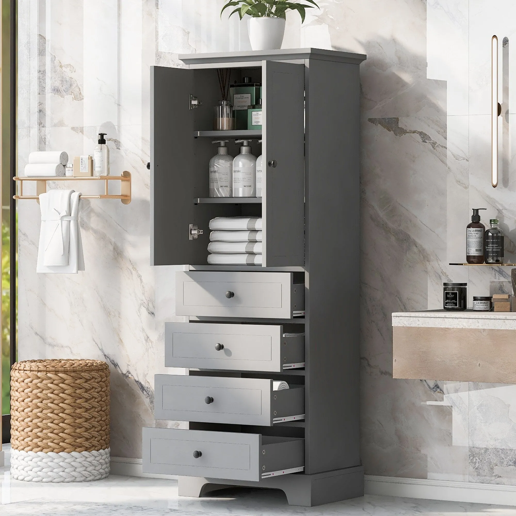 Modern Multifunctional Storage Cabinet, Freestanding Cabinet with 4 Drawers Adjustable Shelf for Bathroom and Office