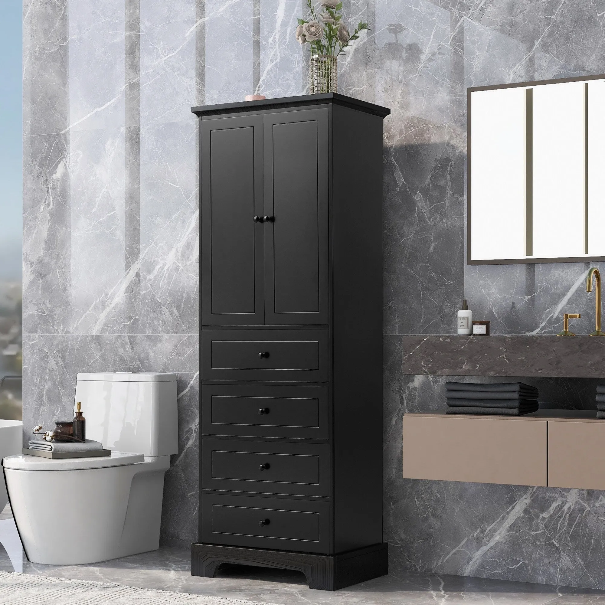 Modern Multifunctional Storage Cabinet, Freestanding Cabinet with 4 Drawers Adjustable Shelf for Bathroom and Office