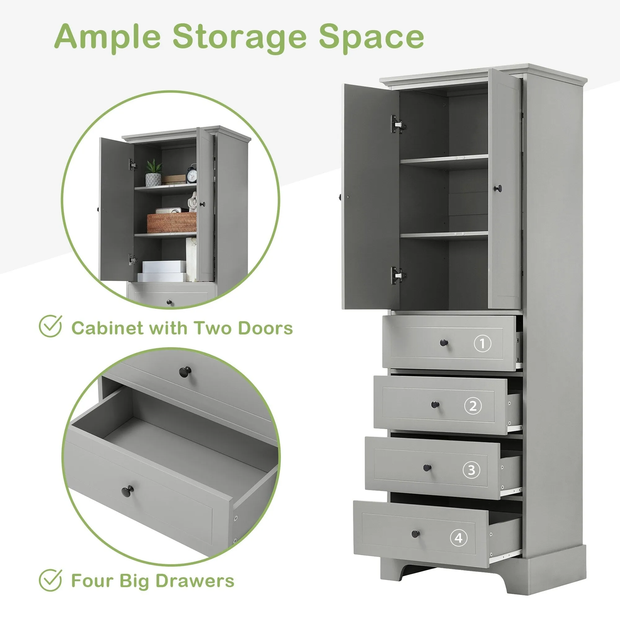 Modern Multifunctional Storage Cabinet, Freestanding Cabinet with 4 Drawers Adjustable Shelf for Bathroom and Office