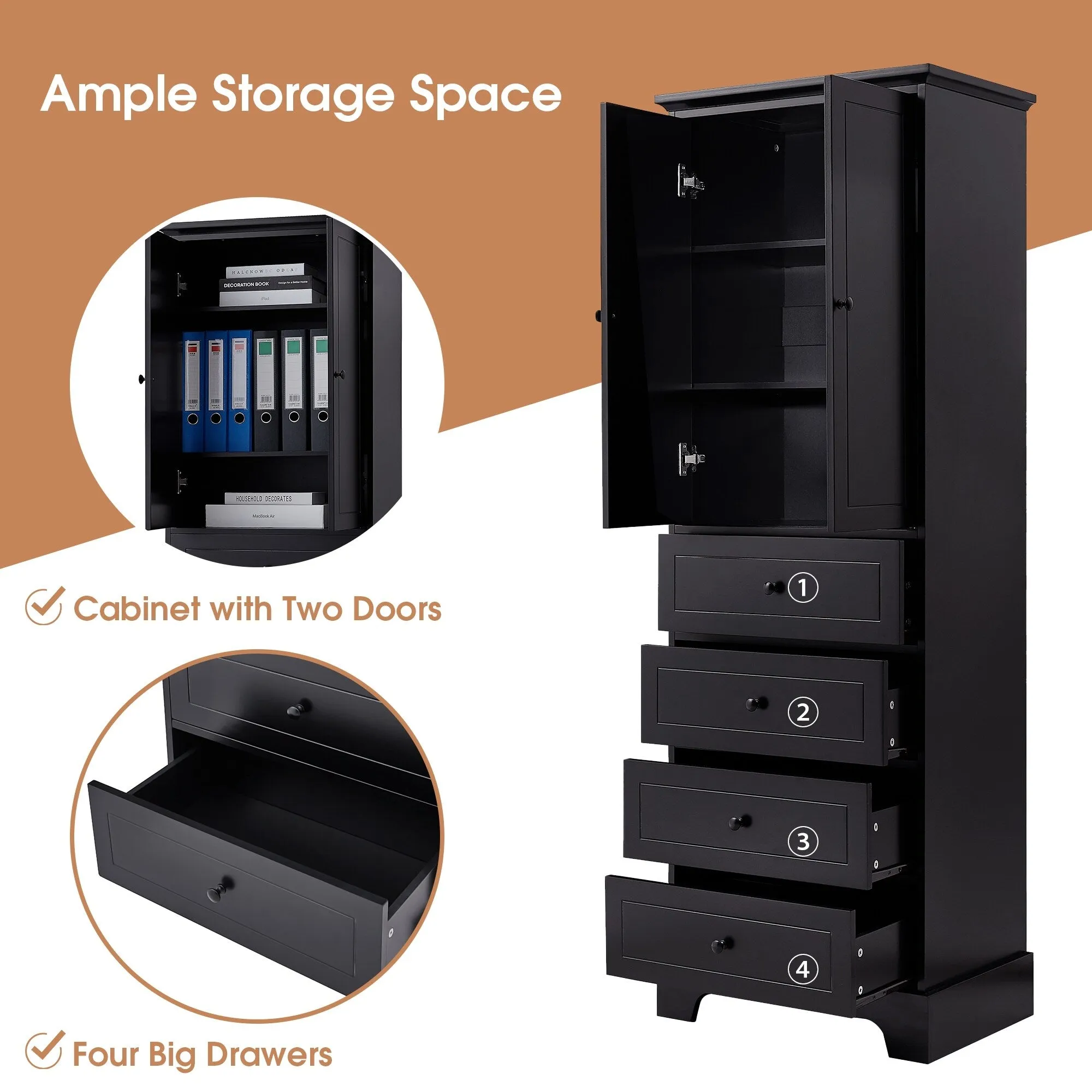 Modern Multifunctional Storage Cabinet, Freestanding Cabinet with 4 Drawers Adjustable Shelf for Bathroom and Office
