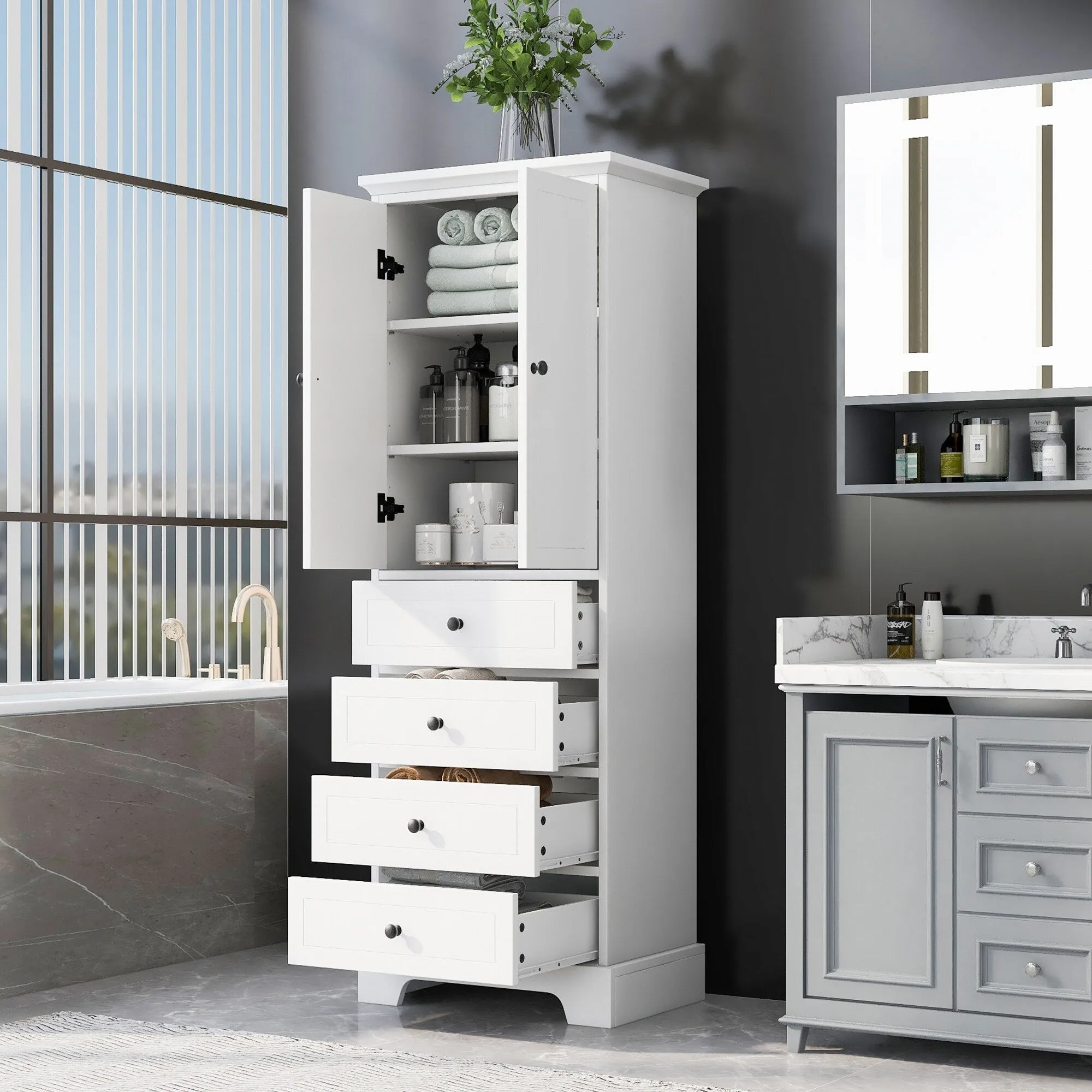 Modern Multifunctional Storage Cabinet, Freestanding Cabinet with 4 Drawers Adjustable Shelf for Bathroom and Office