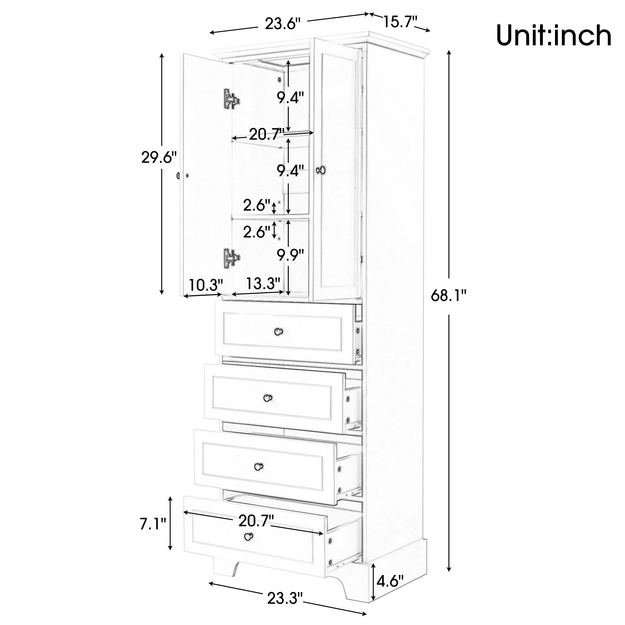 Modern Multifunctional Storage Cabinet, Freestanding Cabinet with 4 Drawers Adjustable Shelf for Bathroom and Office