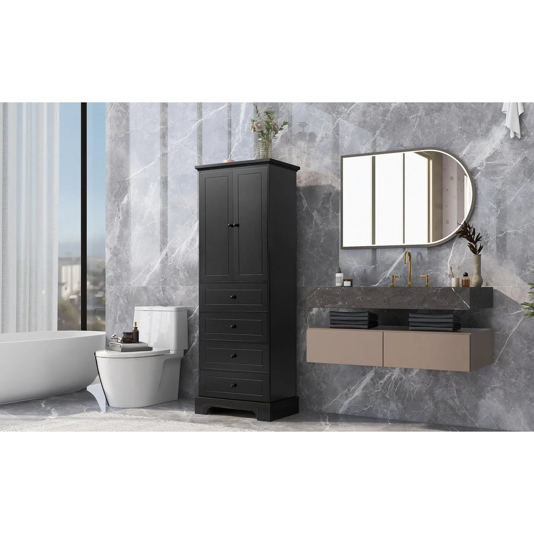 Modern Multifunctional Storage Cabinet, Freestanding Cabinet with 4 Drawers Adjustable Shelf for Bathroom and Office