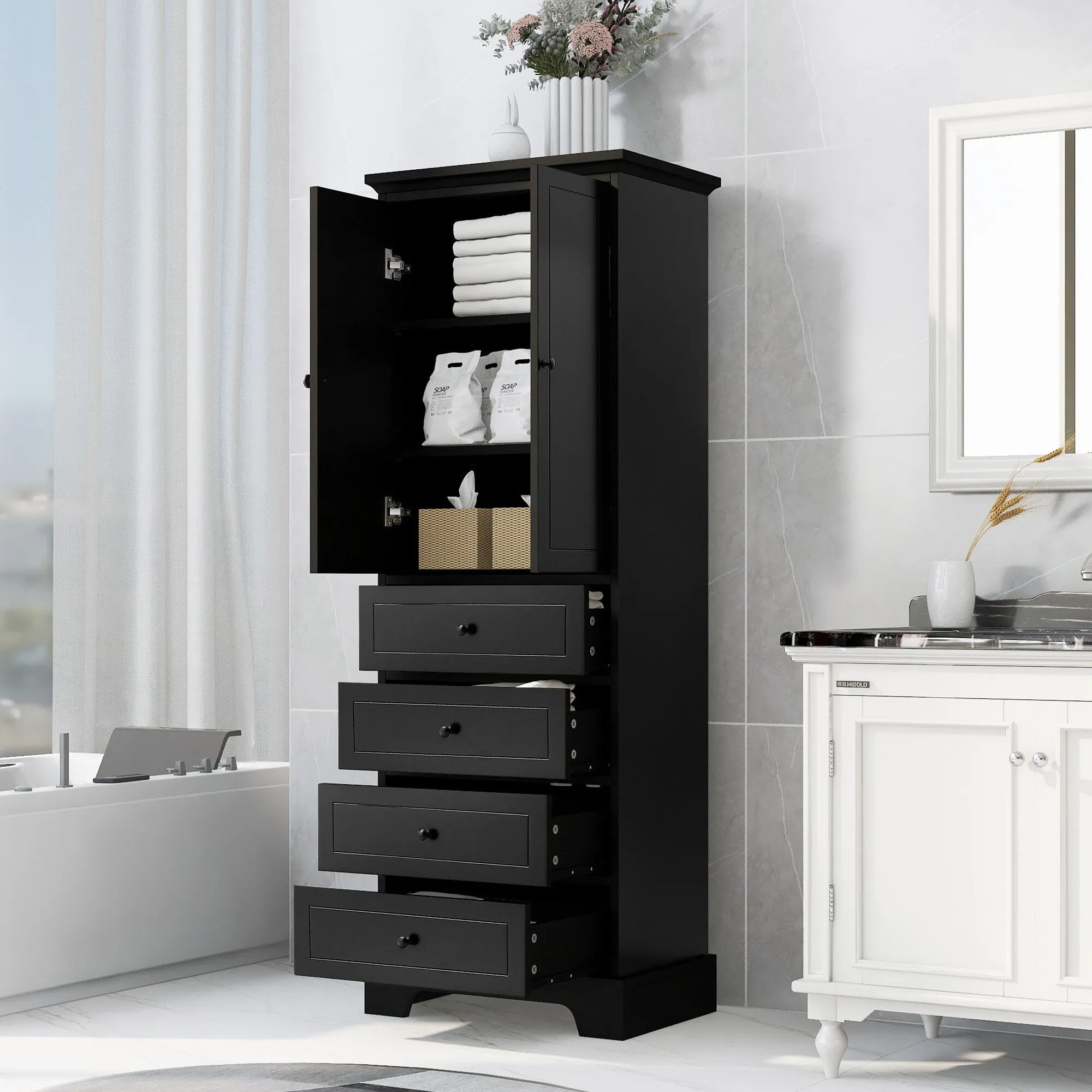 Modern Multifunctional Storage Cabinet, Freestanding Cabinet with 4 Drawers Adjustable Shelf for Bathroom and Office