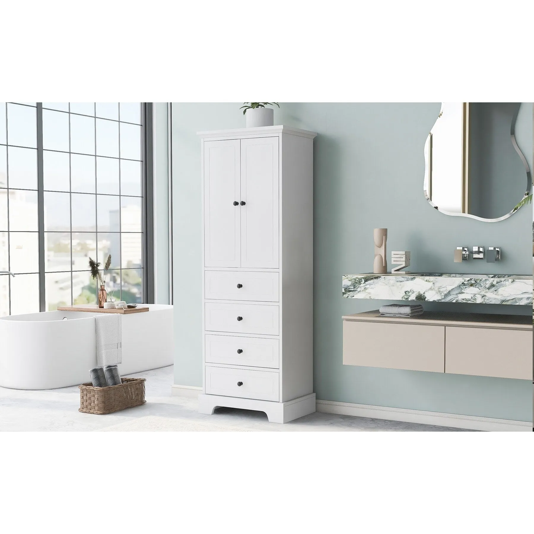 Modern Multifunctional Storage Cabinet, Freestanding Cabinet with 4 Drawers Adjustable Shelf for Bathroom and Office