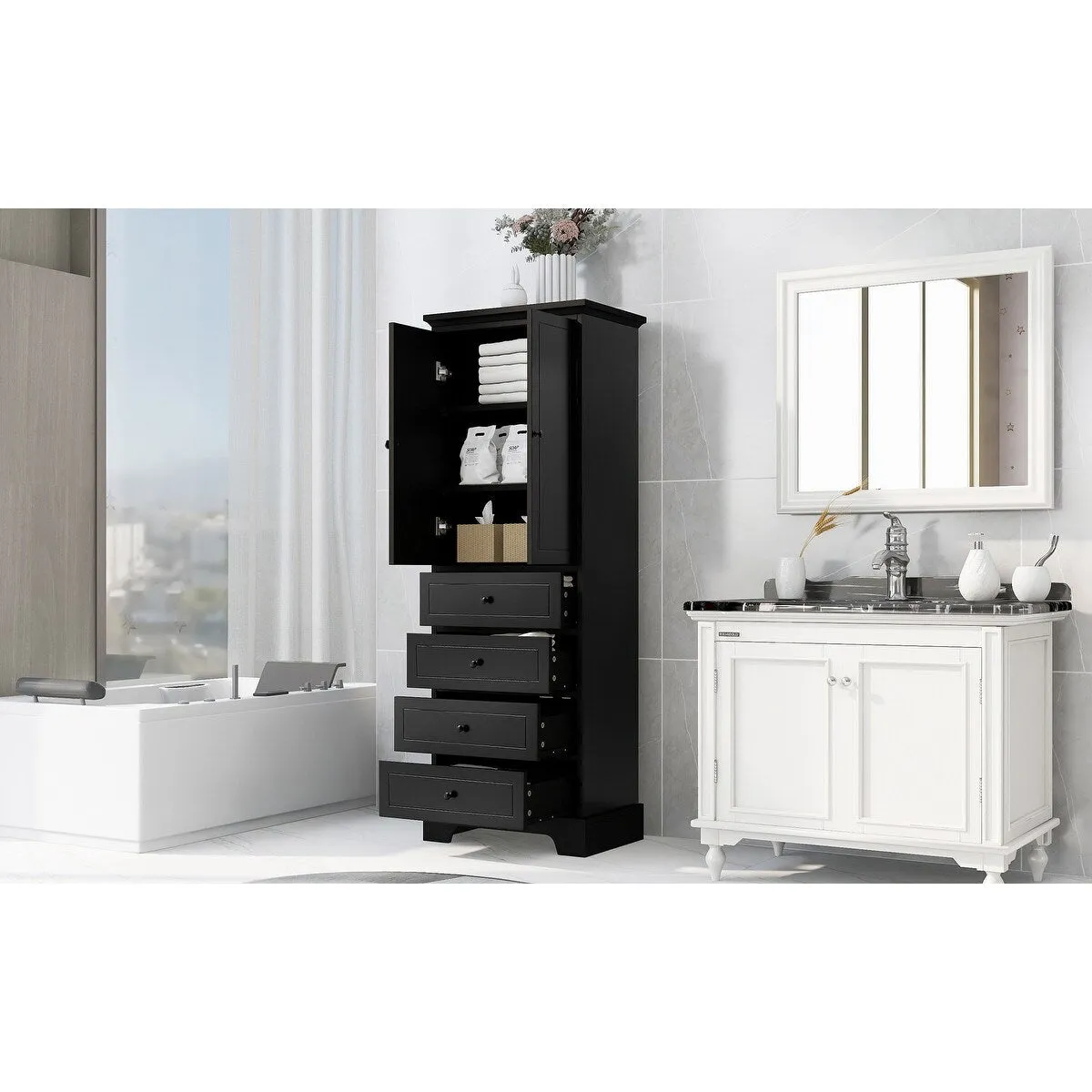 Modern Multifunctional Storage Cabinet, Freestanding Cabinet with 4 Drawers Adjustable Shelf for Bathroom and Office