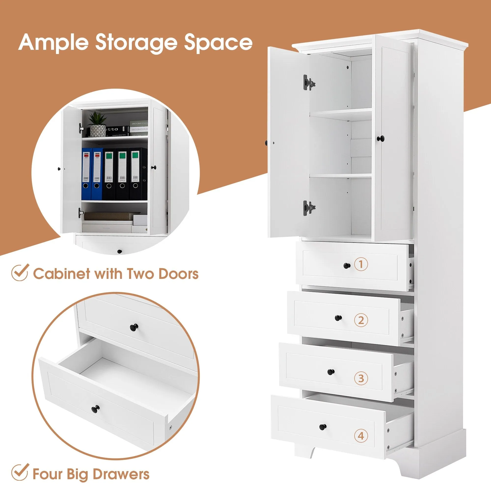 Modern Multifunctional Storage Cabinet, Freestanding Cabinet with 4 Drawers Adjustable Shelf for Bathroom and Office