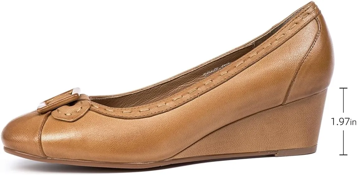 Mona flying Women's Leather Closed Toe 2 inches Wedges Pumps Square Toe Comfortable Heeled Office Work Dress Shoes for Ladies