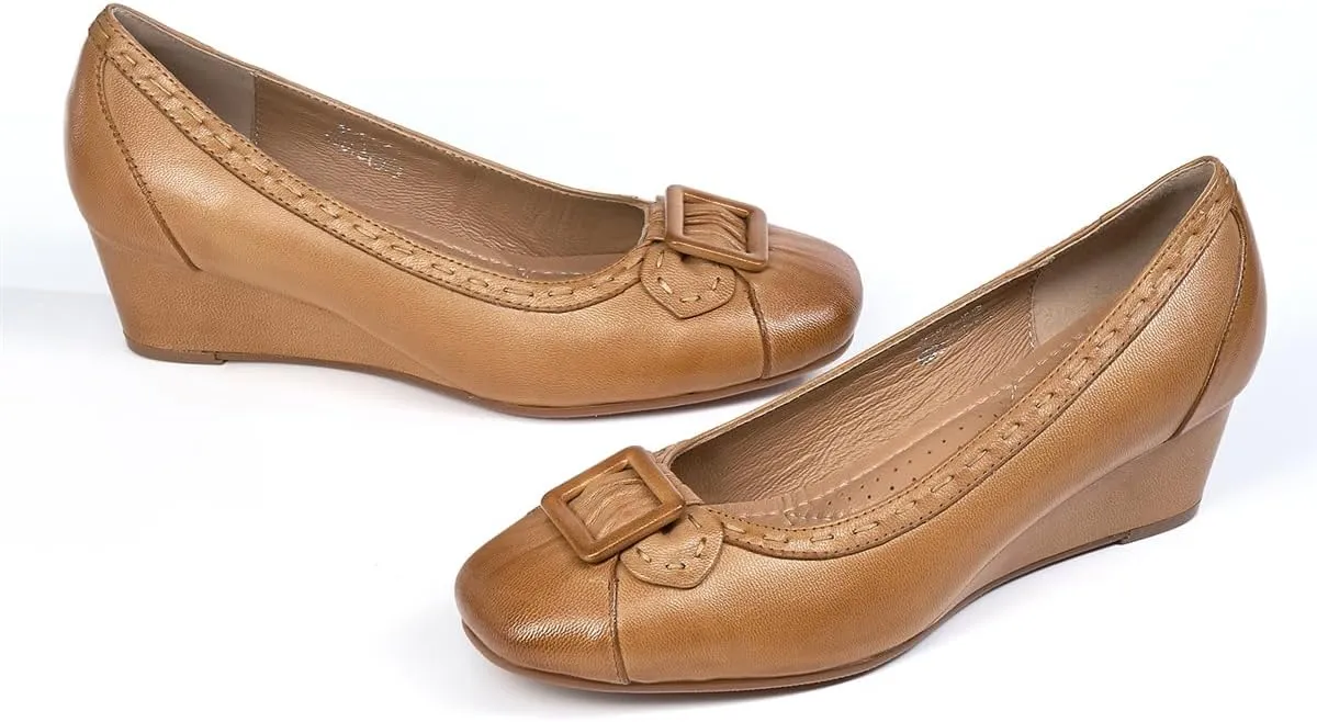 Mona flying Women's Leather Closed Toe 2 inches Wedges Pumps Square Toe Comfortable Heeled Office Work Dress Shoes for Ladies