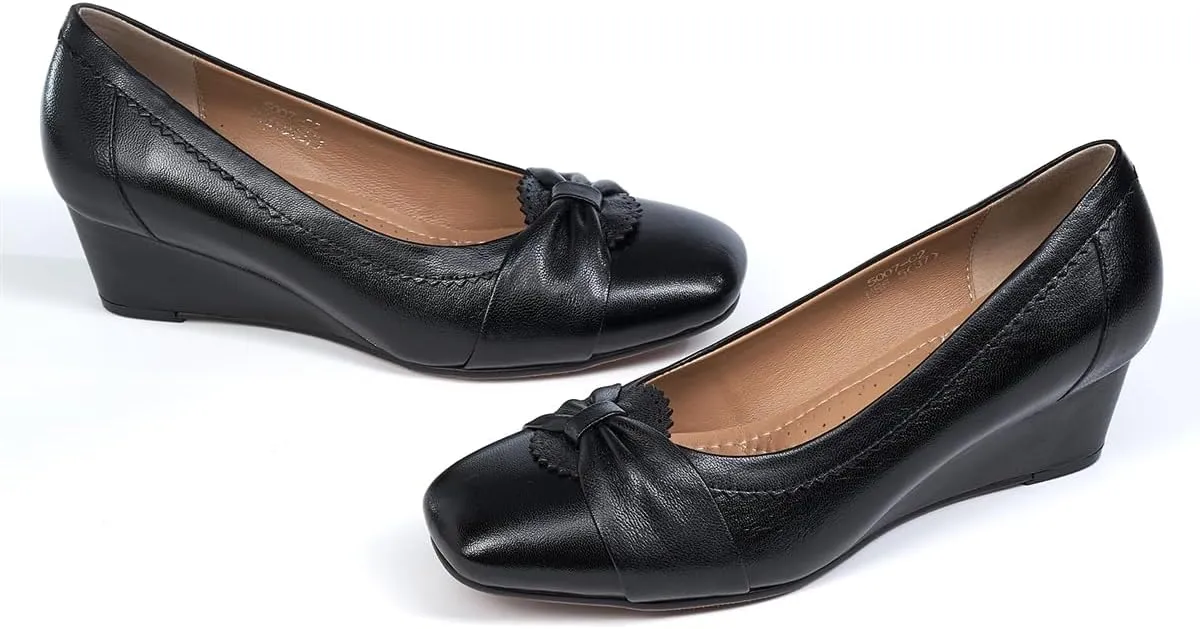 Mona flying Women's Leather Closed Toe 2 inches Wedges Pumps Square Toe Comfortable Heeled Office Work Dress Shoes for Ladies